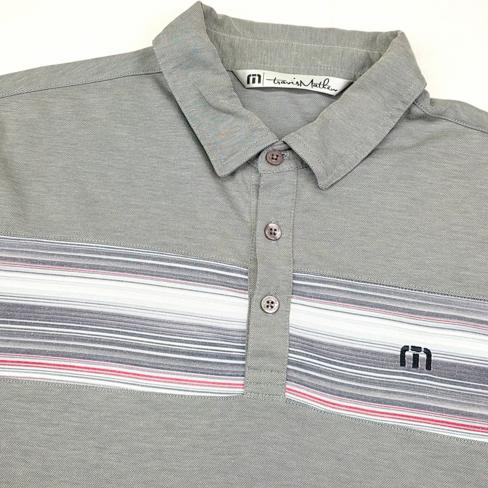 TravisMathew Polo Shirt Mens Medium Grey Striped Chest Logo Pique Short Sleeve
